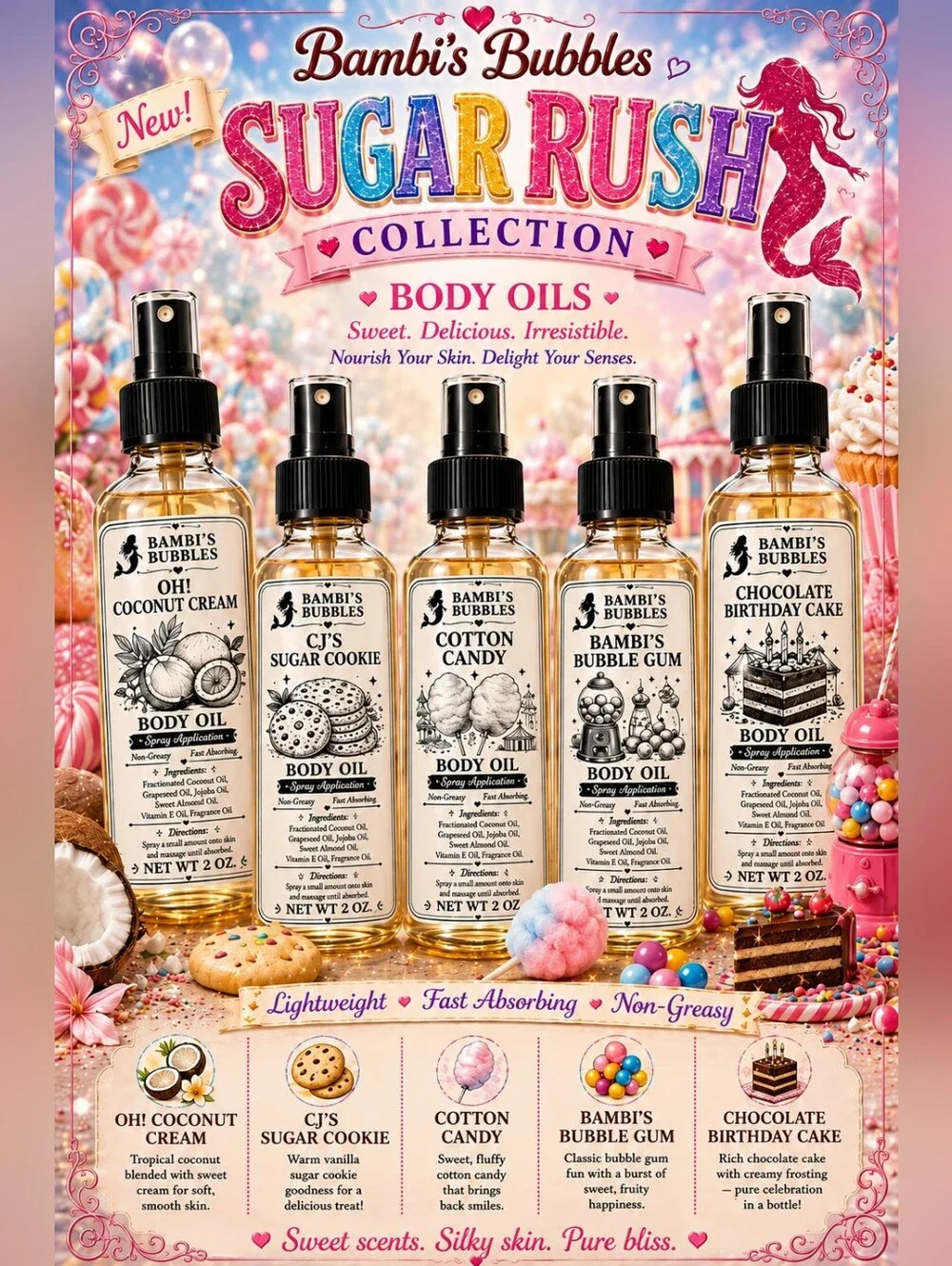 New! Hand Crafted Sugar Rush Collection Body Oils 2oz Assorted Scents